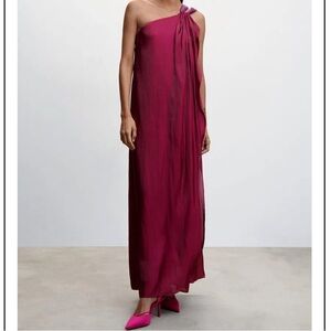 Mango‎ MNG Agatha Satin Asymmetric One Shoulder Floor Length Maxi Dress Wine L 8